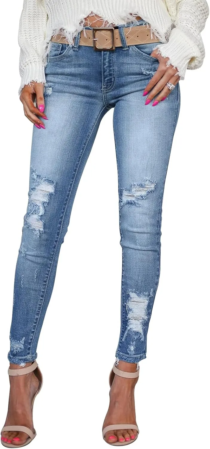 KUNMI Women's Skinny Ripped Trendy Jeans Distressed Stretchy Denim Pants