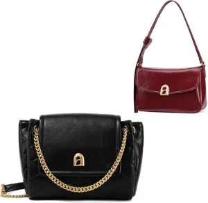 LA FESTIN Leather Purses For Women Trendy - Satchel Bag with Adjustable Strap Women's Crossbody Purse - Mousse black and Sauce Red