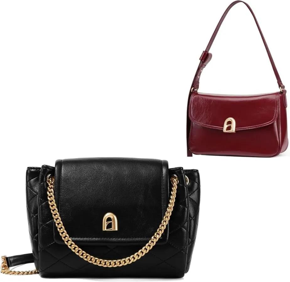 LA FESTIN Leather Purses For Women Trendy - Satchel Bag with Adjustable Strap Women's Crossbody Purse - Mousse black and Sauce Red