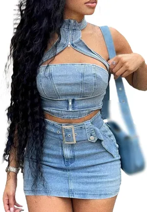 LAJIOJIO Skirt Sets Women2 PieceOutfits,Sexy Off the Shoulder Crop Tops High Waisted Mini Skorts Two Piece Denim Sets