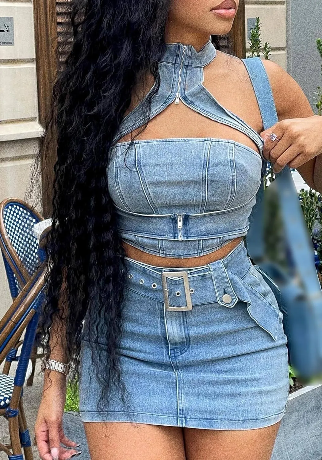 LAJIOJIO Skirt Sets Women2 PieceOutfits,Sexy Off the Shoulder Crop Tops High Waisted Mini Skorts Two Piece Denim Sets