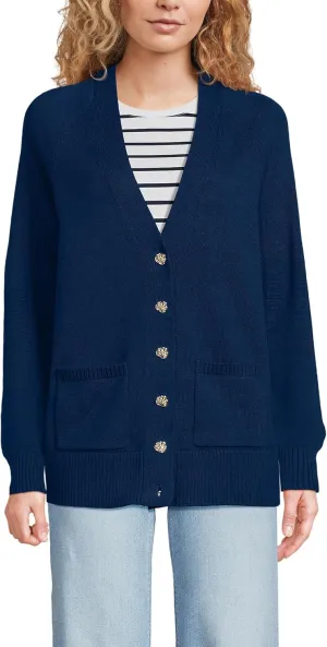 Lands' End Women's Drifter Varsity Vneck Relaxed Cardigan Sweater