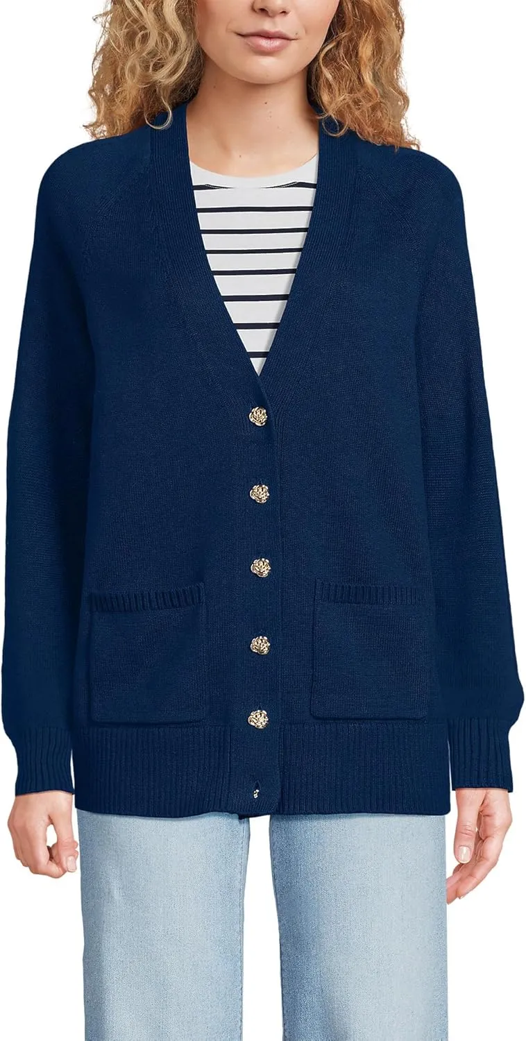 Lands' End Women's Drifter Varsity Vneck Relaxed Cardigan Sweater