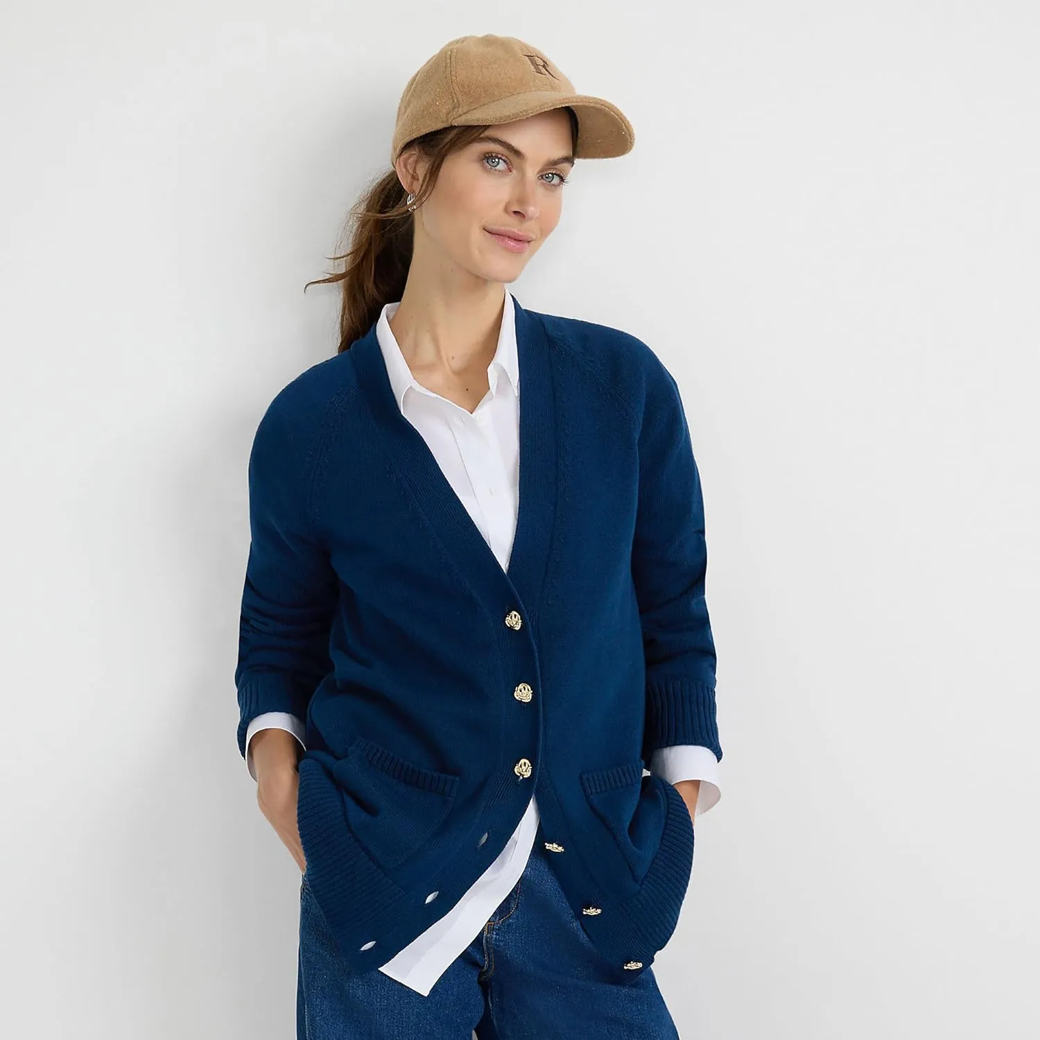 Lands' End Women's Drifter Varsity Vneck Relaxed Cardigan Sweater