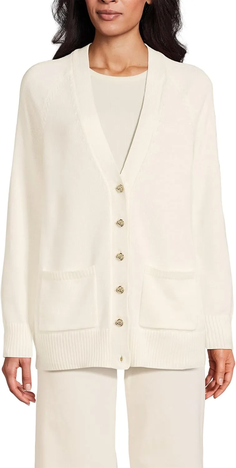 Lands' End Women's Drifter Varsity Vneck Relaxed Cardigan Sweater