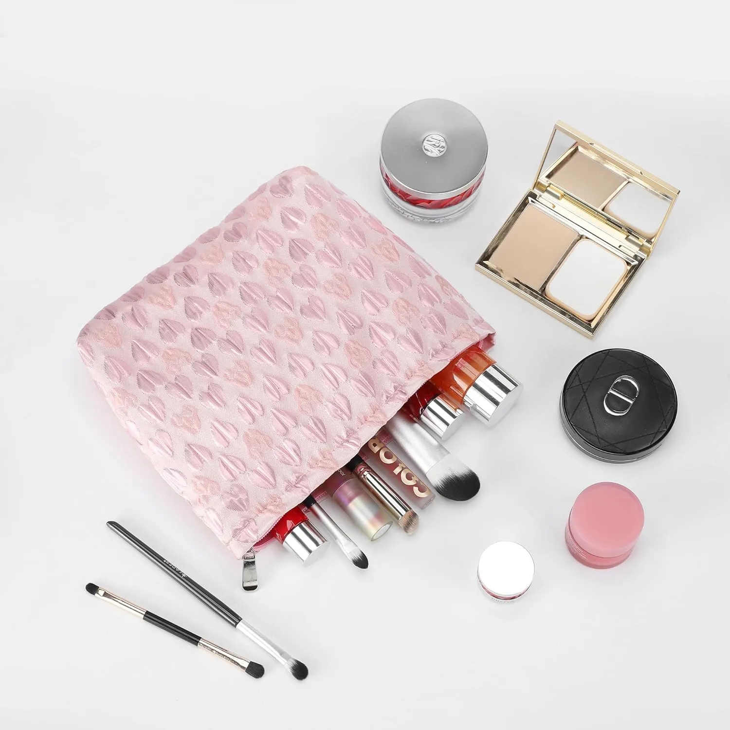 Large Makeup Bag for Women Canvas Cosmetic Bag Spacious and Cute Pencil Pouch Travel Beauty Tolietry Bag Pink Heart
