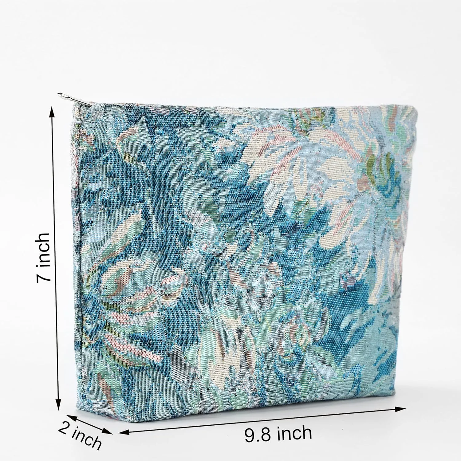 Large Makeup Bag for Women Floral Canvas Cosmetic Bag Spacious and Cute Pencil Pouch Travel Beauty Tolietry Bag Blue