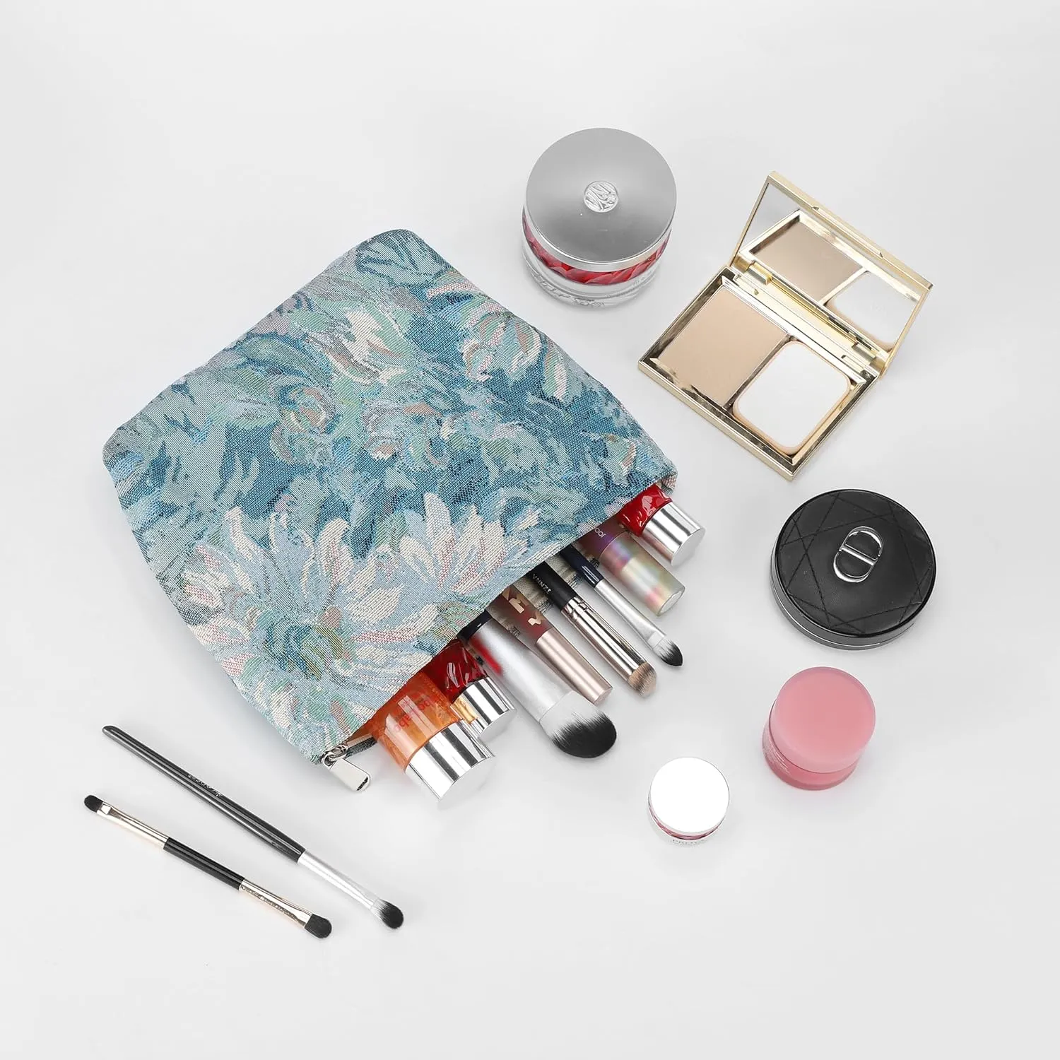 Large Makeup Bag for Women Floral Canvas Cosmetic Bag Spacious and Cute Pencil Pouch Travel Beauty Tolietry Bag Blue