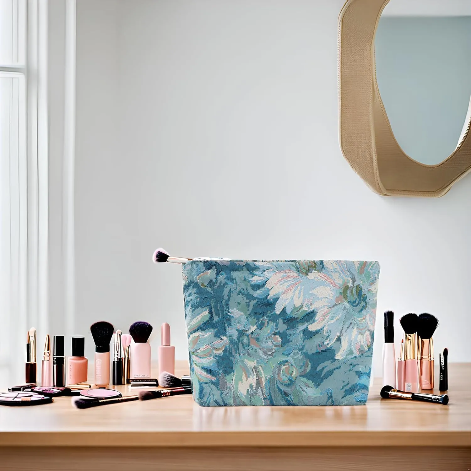 Large Makeup Bag for Women Floral Canvas Cosmetic Bag Spacious and Cute Pencil Pouch Travel Beauty Tolietry Bag Blue