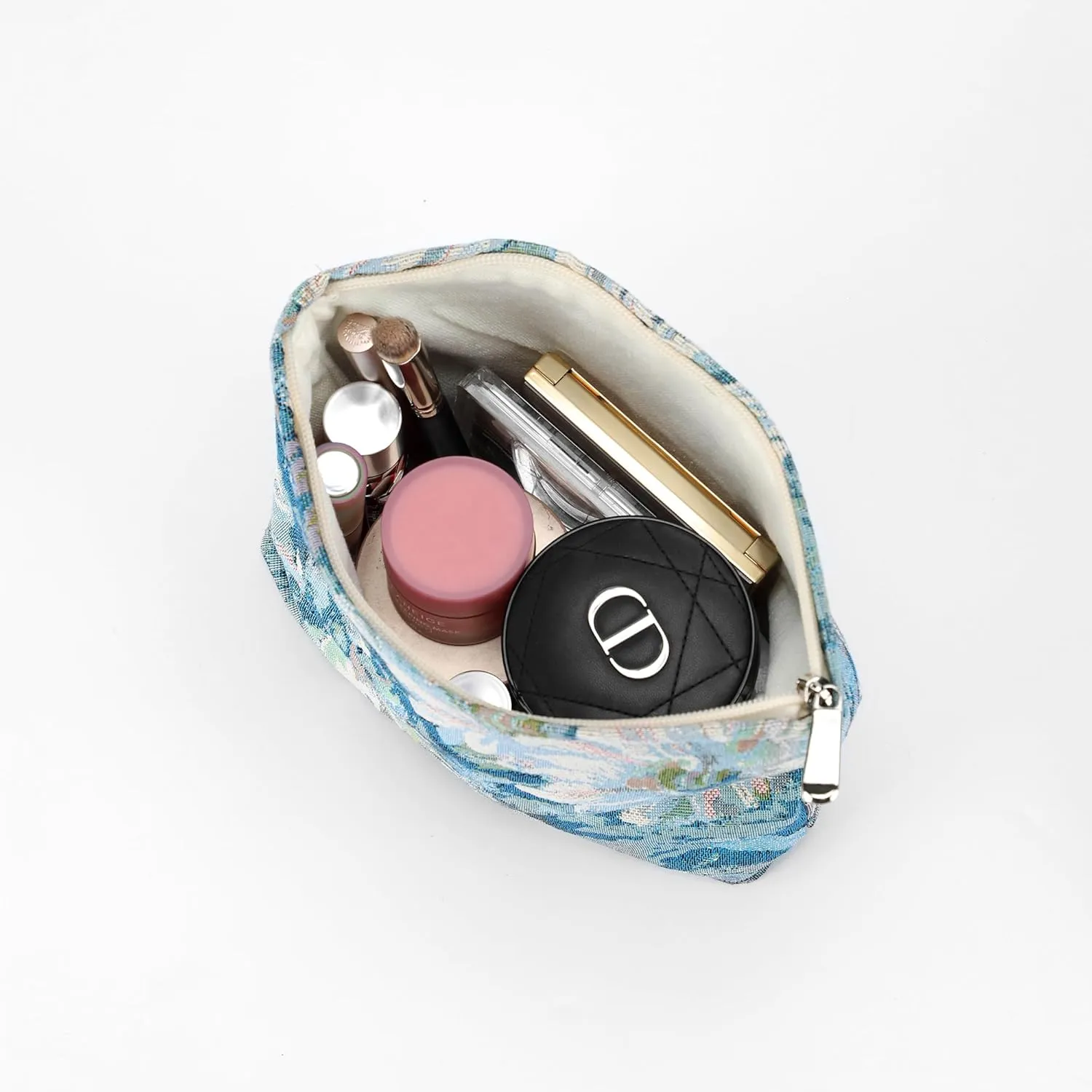 Large Makeup Bag for Women Floral Canvas Cosmetic Bag Spacious and Cute Pencil Pouch Travel Beauty Tolietry Bag Blue