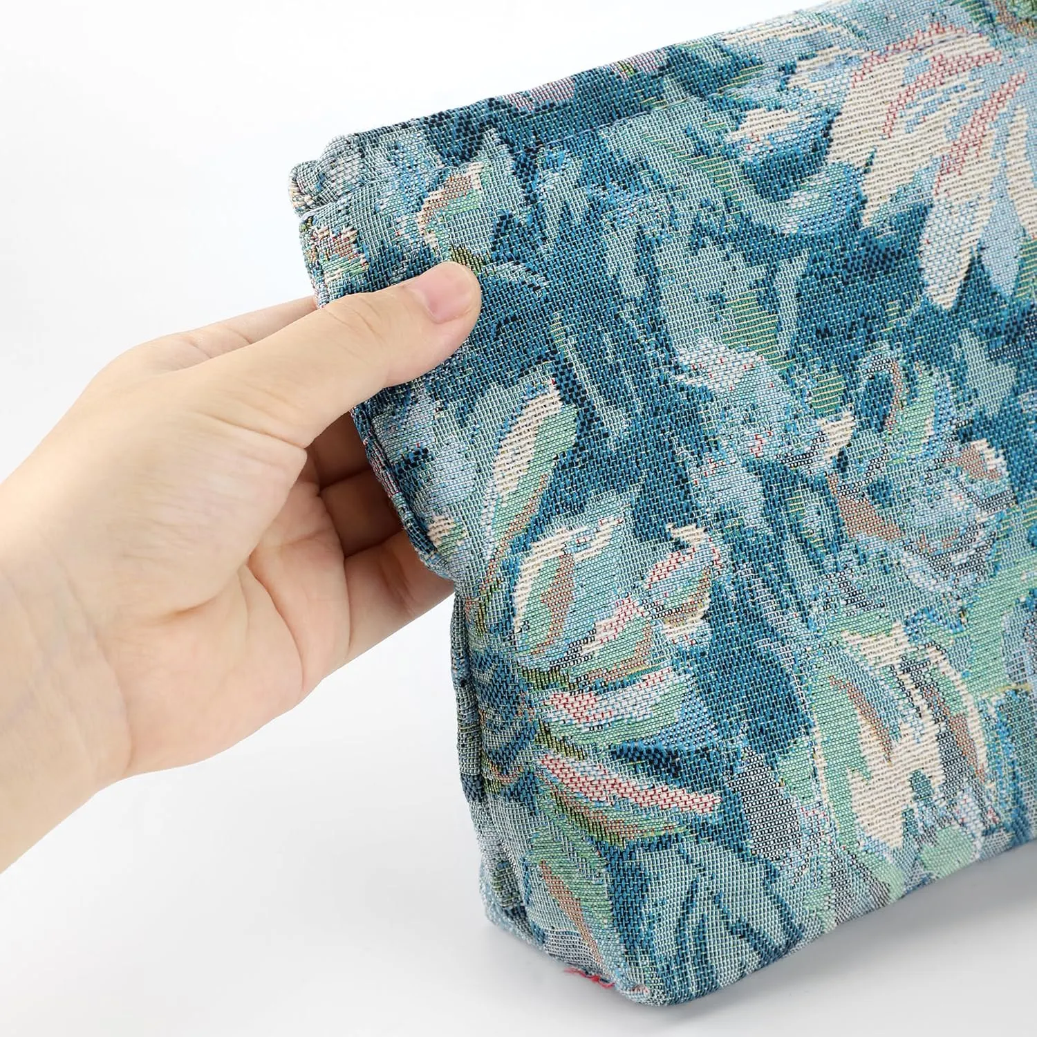 Large Makeup Bag for Women Floral Canvas Cosmetic Bag Spacious and Cute Pencil Pouch Travel Beauty Tolietry Bag Blue