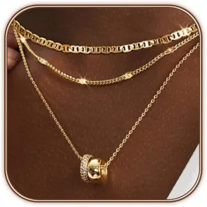 Layered Gold Necklaces for Women 14K Gold Plated Dainty CZ Rondelle Pendant Mariner Chain Two-Toned Adjustable Trendy Everyday Jewelry Set