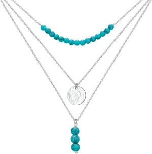 Layered Necklaces for Women Sterling Silver Turquoise Necklace Three Layer Dot Pendant Multilayer Long Necklace Turquoise Choker Chain Adjustable Teen Girls Jewelry