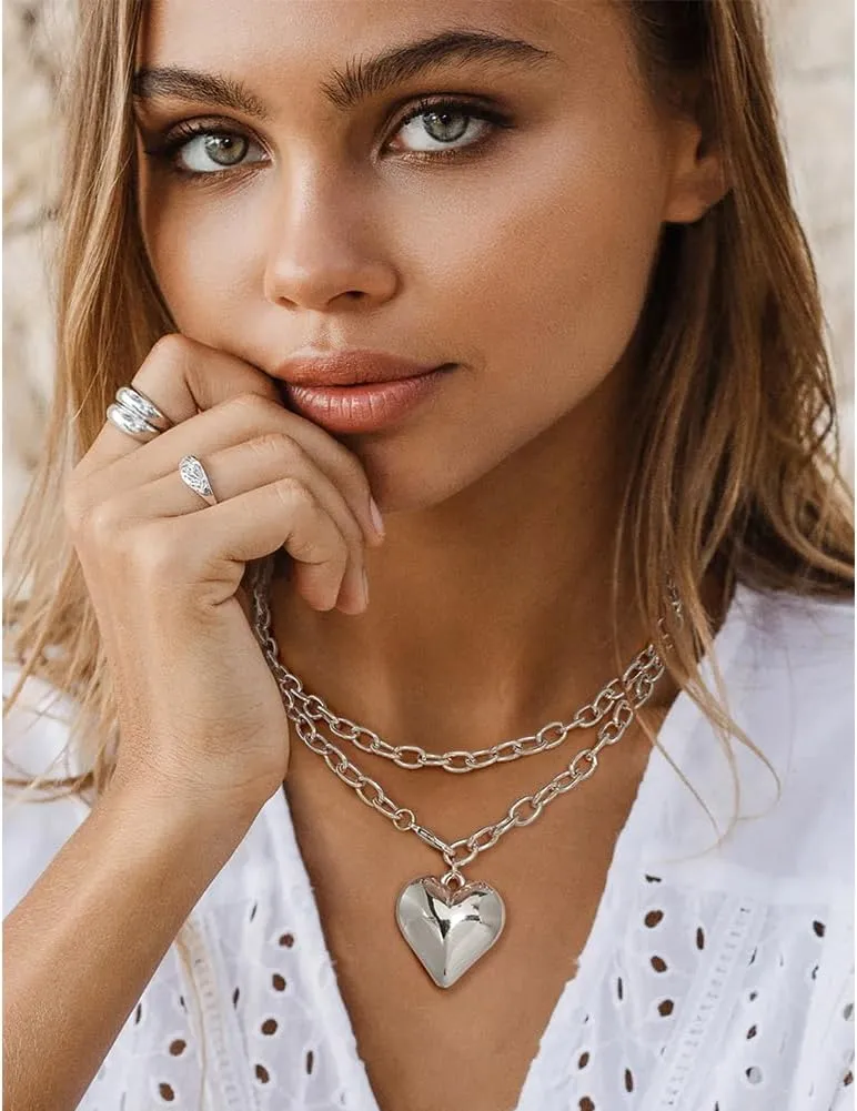 Layered Puffy Heart Necklaces For Women Gold And Silver Plated Heart Pendant Necklace Long Chain Necklace