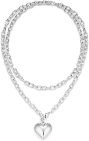 Layered Puffy Heart Necklaces For Women Gold And Silver Plated Heart Pendant Necklace Long Chain Necklace