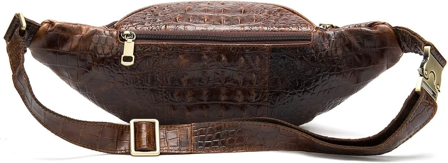 Leather Extra Large Fanny Pack Plus Size Sling Waist Pack Hip Belt Bag for Women and Men Crocodile Embossed Black(Coffee Croco)