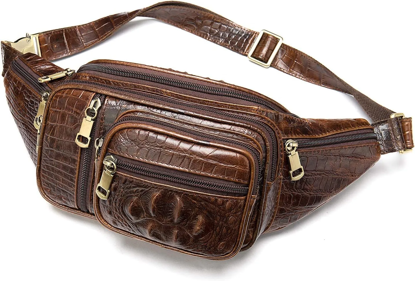 Leather Extra Large Fanny Pack Plus Size Sling Waist Pack Hip Belt Bag for Women and Men Crocodile Embossed Black(Coffee Croco)