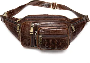 Leather Extra Large Fanny Pack Plus Size Sling Waist Pack Hip Belt Bag for Women and Men Crocodile Embossed Black(Coffee Croco)