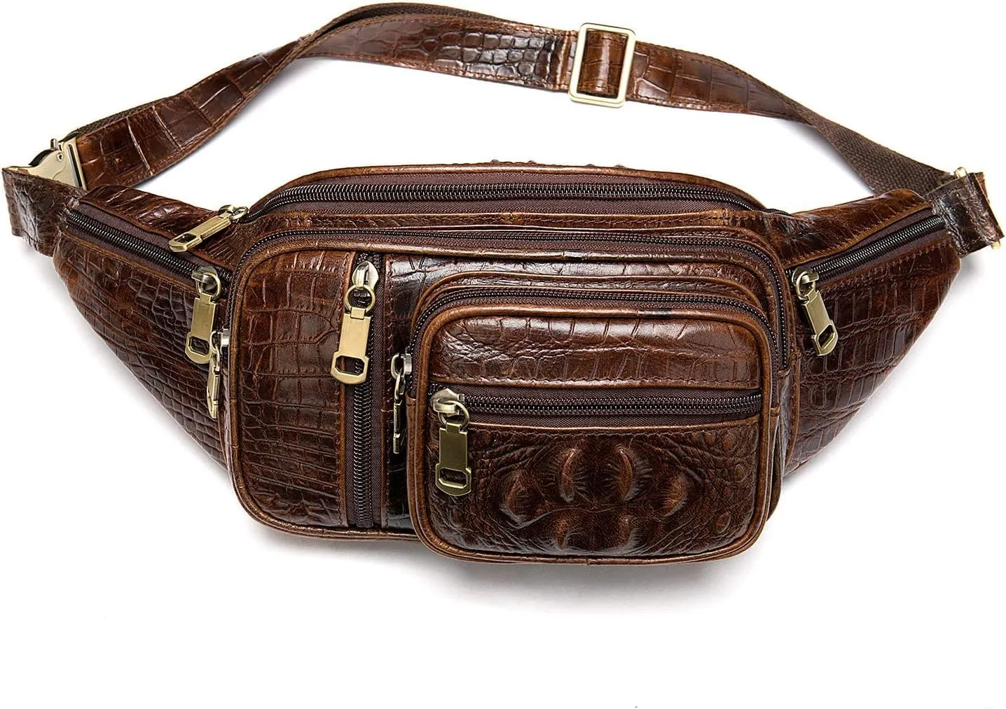 Leather Extra Large Fanny Pack Plus Size Sling Waist Pack Hip Belt Bag for Women and Men Crocodile Embossed Black(Coffee Croco)