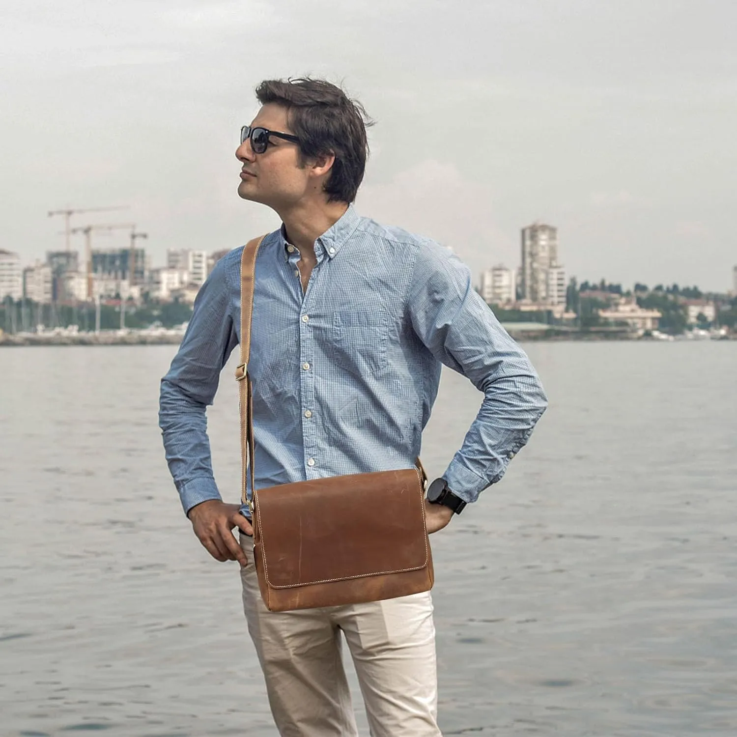 Leather Messenger Bag for Men Women,11.4 inch Full Grain Leather Briefcase Bag,Vintage Crossbody Bag for iPad