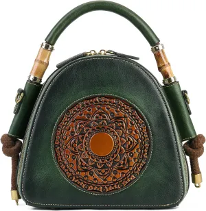 Leather Pocketbooks for Women, Retro Organizer Top Handle Satchel Totem Leather Handbag Ladies(Green)