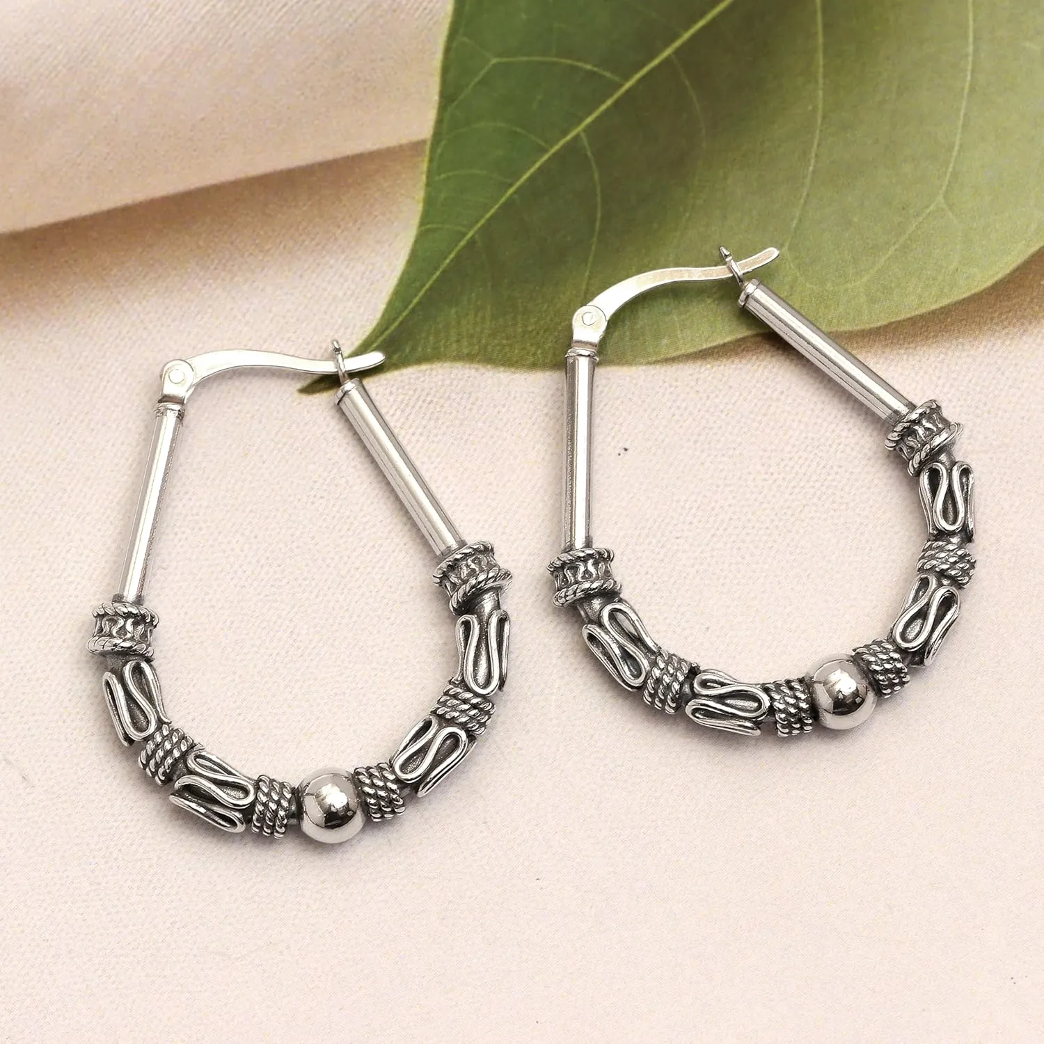 LeCalla 925 Sterling Silver Hoop Earrings - Classic Italian Antique Diamond Cut Textured Earring Hoops | Women's Drop Shape Oval Hoop Earring Jewelry for Women
