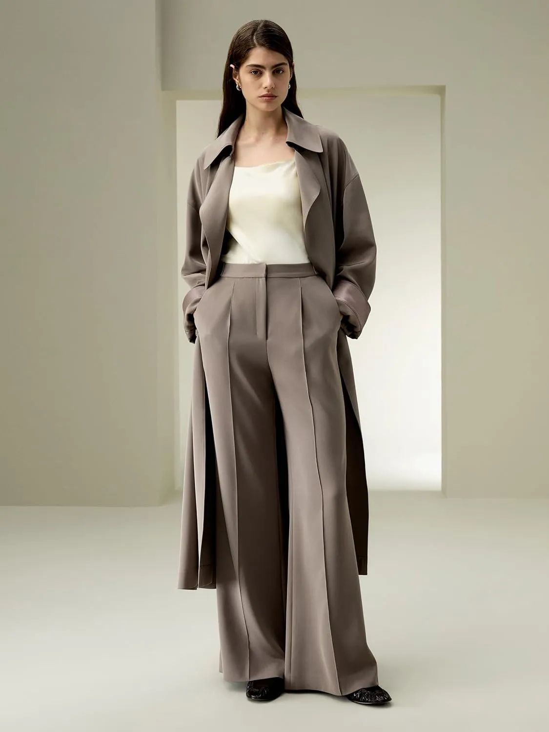 LilySilk Silk Trenchcoat for Women Oversized Relaxed Fit Long Silk Coat Lapel Drop Shoulder Comfortable Silk Outerwear