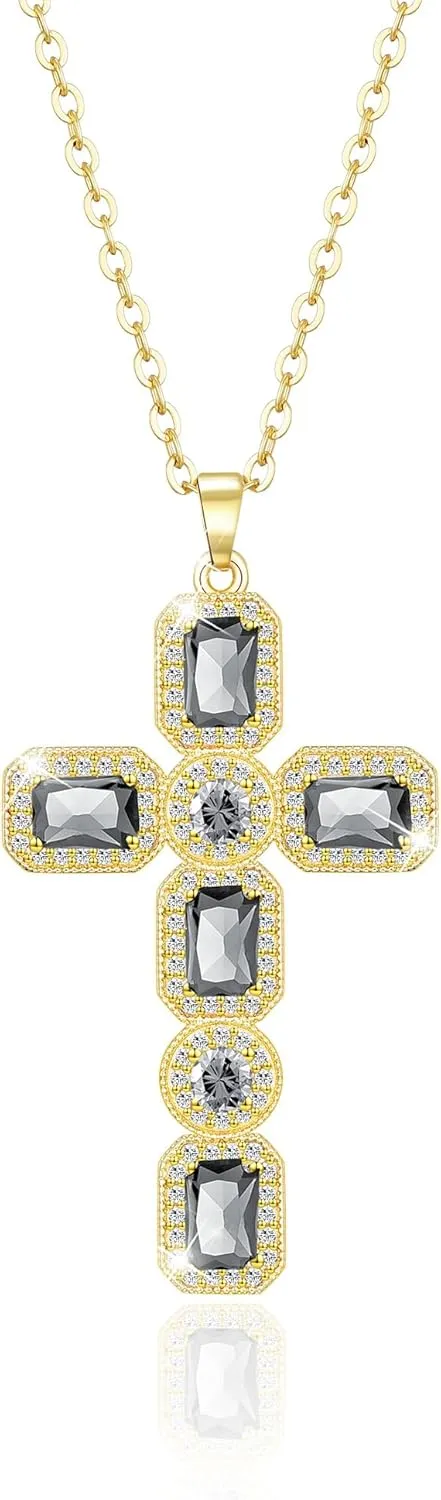 Linawe Cross Necklace for Women, Gold/Silver Jewelry Cross Charm Chain Necklaces, Moissanite Crystal Birthstone Cubic Zirconia Rhinestone Necklace, Religious Gifts