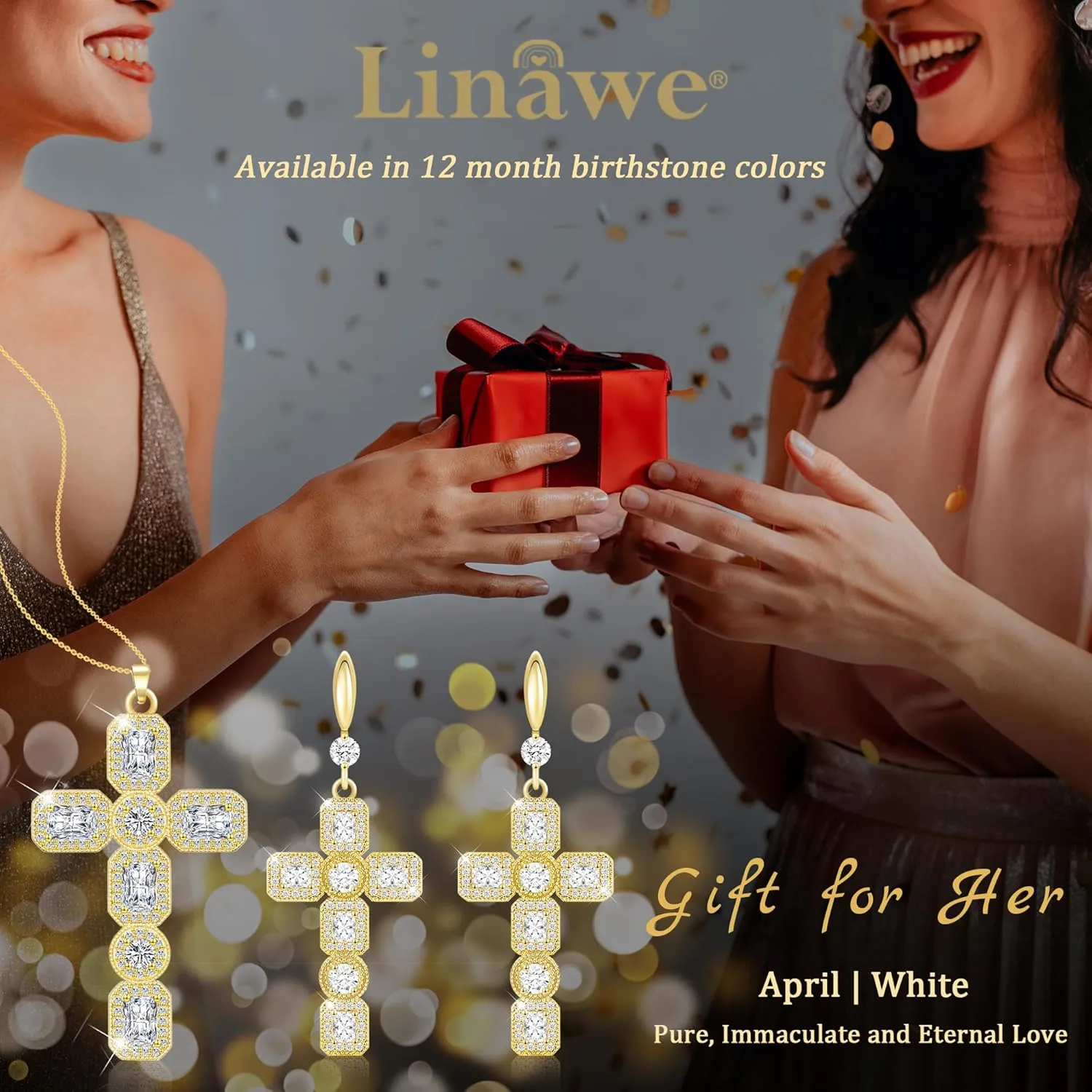Linawe Cross Necklace for Women, Gold/Silver Jewelry Cross Charm Chain Necklaces, Moissanite Crystal Birthstone Cubic Zirconia Rhinestone Necklace, Religious Gifts