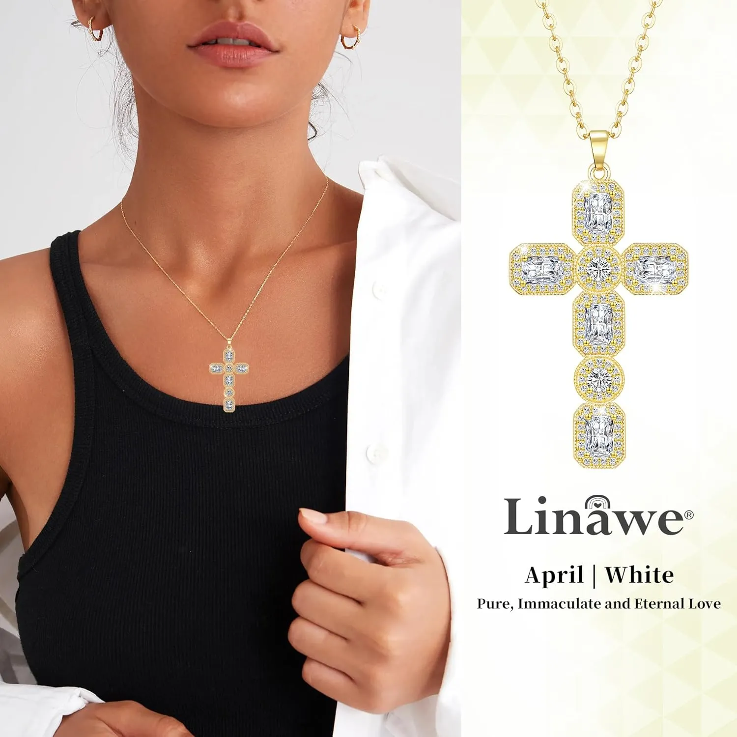Linawe Cross Necklace for Women, Gold/Silver Jewelry Cross Charm Chain Necklaces, Moissanite Crystal Birthstone Cubic Zirconia Rhinestone Necklace, Religious Gifts