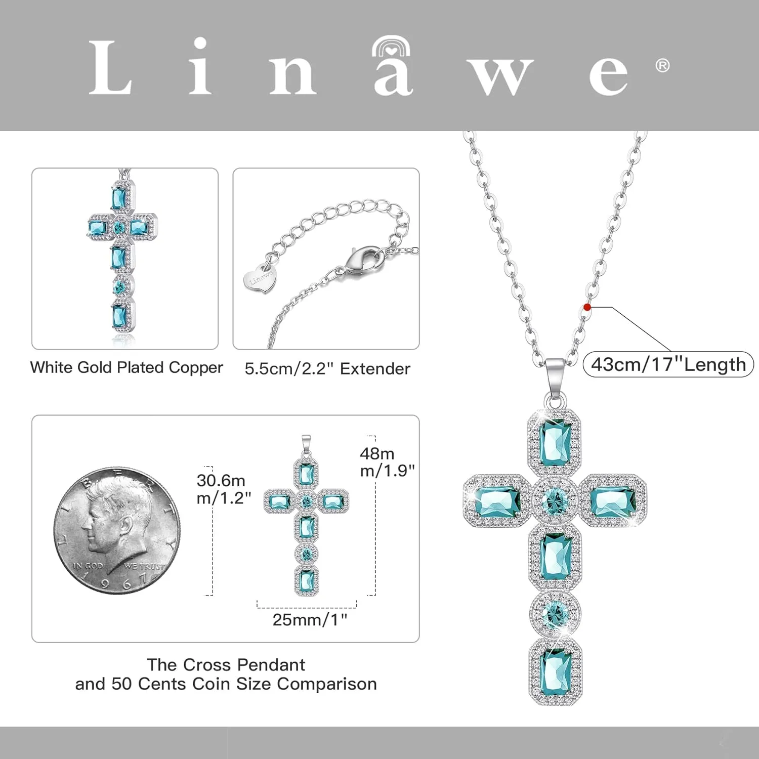 Linawe Cross Necklace for Women, Gold/Silver Jewelry Cross Charm Chain Necklaces, Moissanite Crystal Birthstone Cubic Zirconia Rhinestone Necklace, Religious Gifts