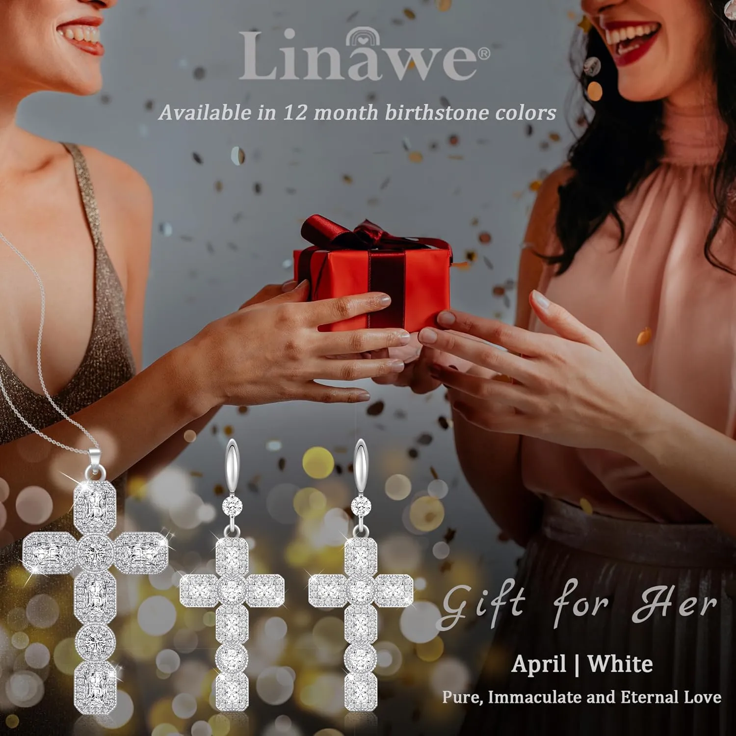 Linawe Cross Necklace for Women, Gold/Silver Jewelry Cross Charm Chain Necklaces, Moissanite Crystal Birthstone Cubic Zirconia Rhinestone Necklace, Religious Gifts