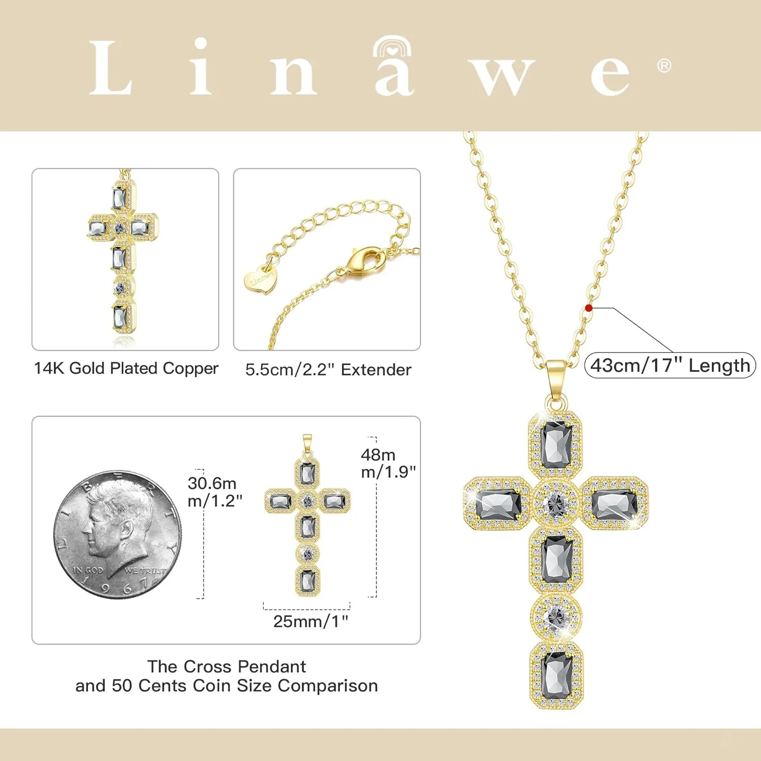 Linawe Cross Necklace for Women, Gold/Silver Jewelry Cross Charm Chain Necklaces, Moissanite Crystal Birthstone Cubic Zirconia Rhinestone Necklace, Religious Gifts