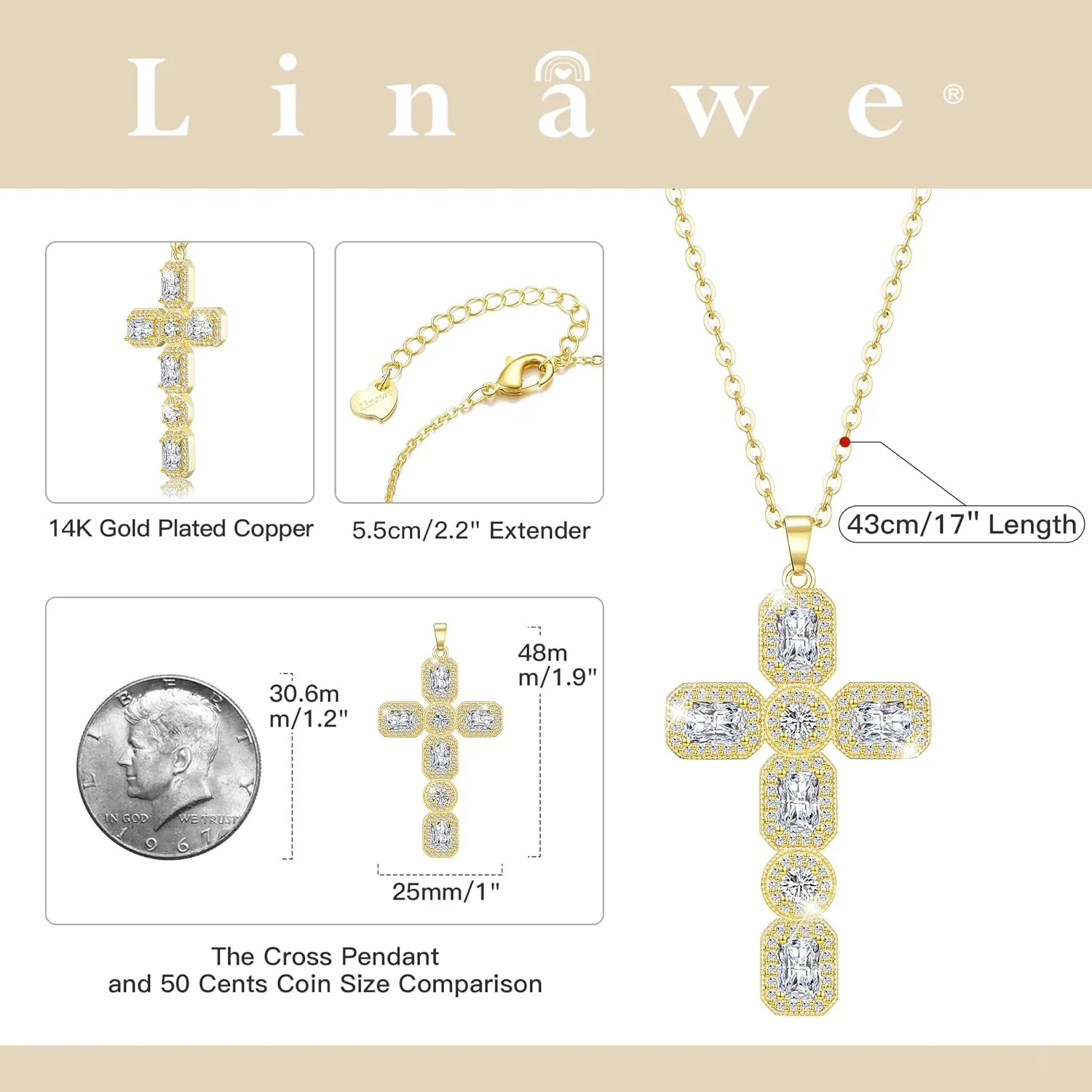 Linawe Cross Necklace for Women, Gold/Silver Jewelry Cross Charm Chain Necklaces, Moissanite Crystal Birthstone Cubic Zirconia Rhinestone Necklace, Religious Gifts