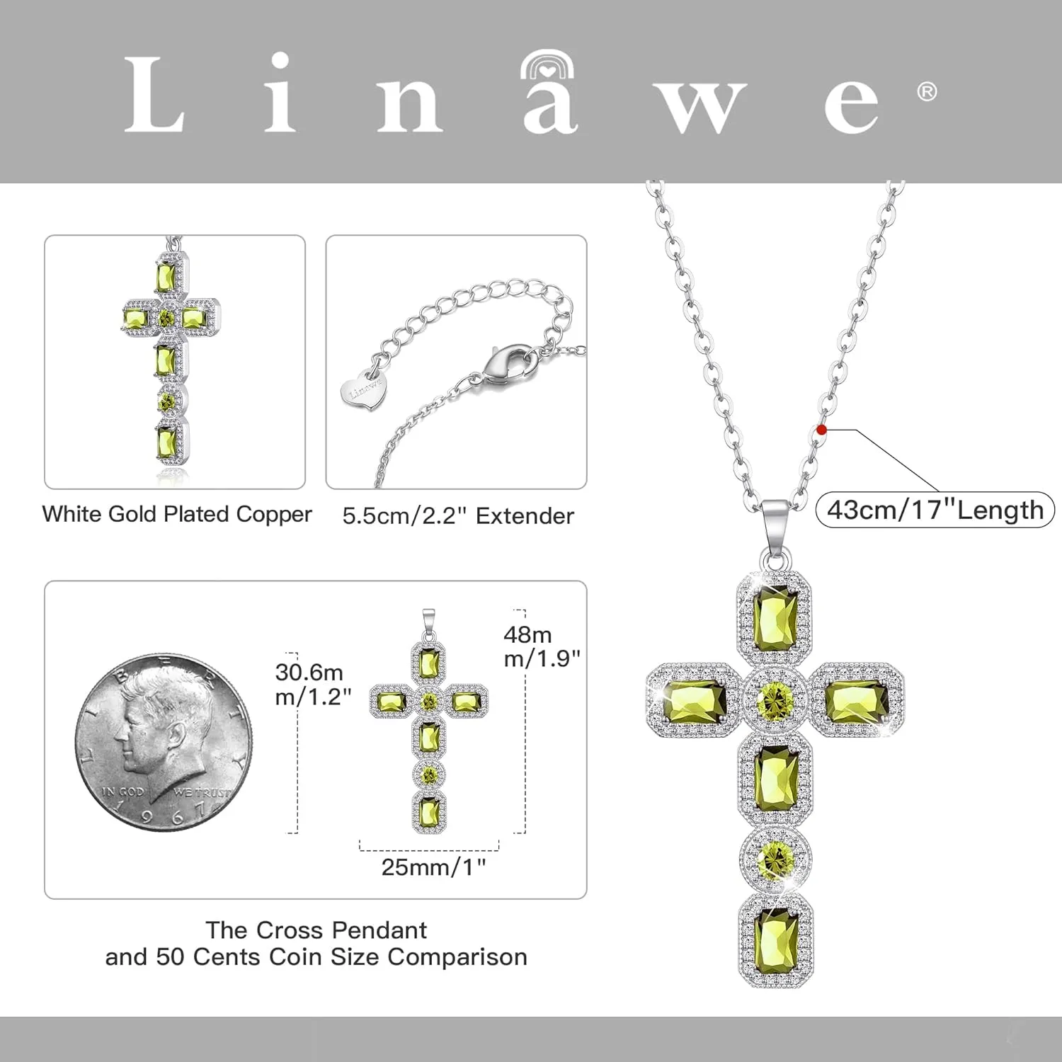 Linawe Cross Necklace for Women, Gold/Silver Jewelry Cross Charm Chain Necklaces, Moissanite Crystal Birthstone Cubic Zirconia Rhinestone Necklace, Religious Gifts