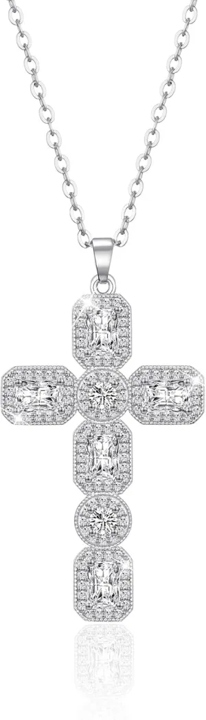 Linawe Cross Necklace for Women, Gold/Silver Jewelry Cross Charm Chain Necklaces, Moissanite Crystal Birthstone Cubic Zirconia Rhinestone Necklace, Religious Gifts