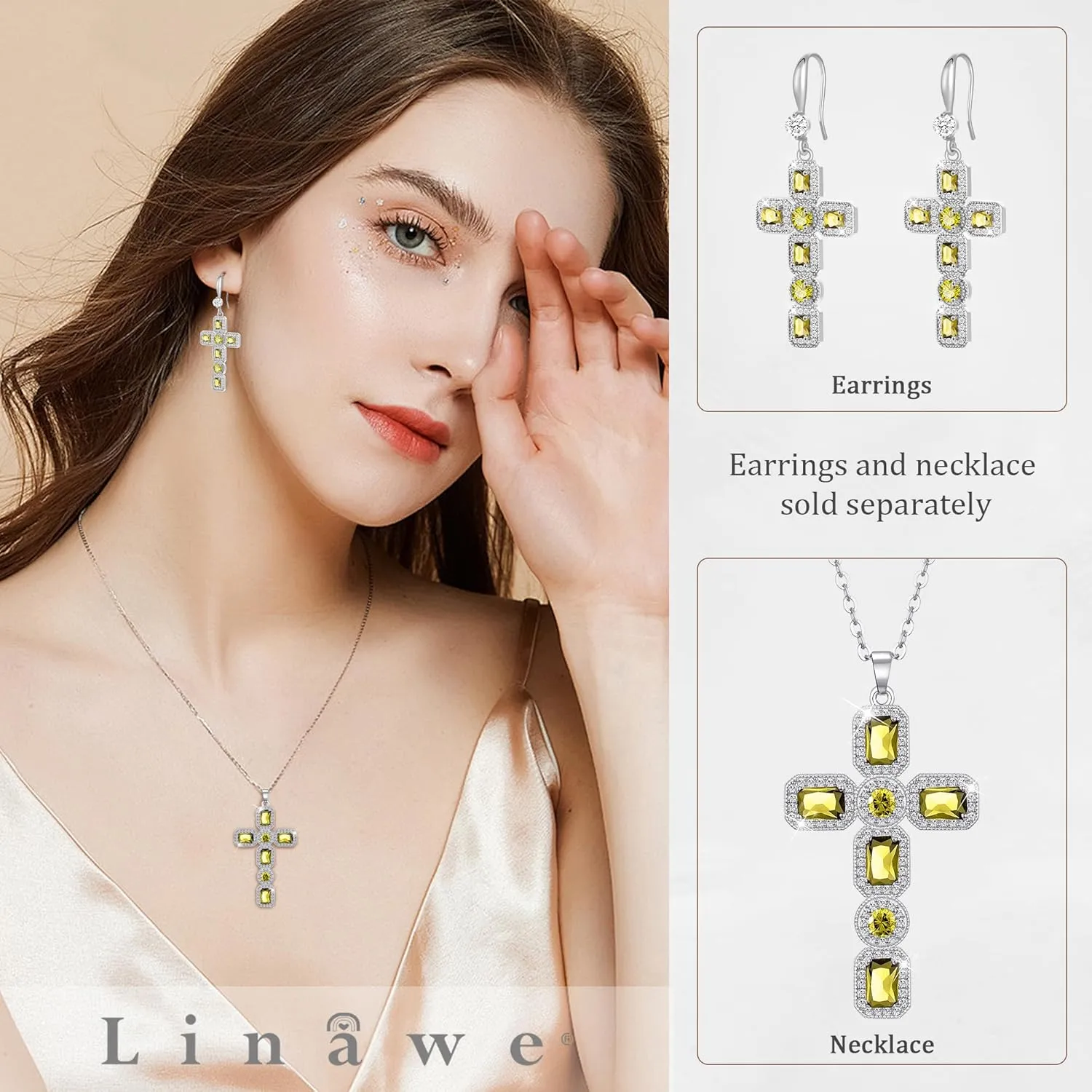 Linawe Cross Necklace for Women, Gold/Silver Jewelry Cross Charm Chain Necklaces, Moissanite Crystal Birthstone Cubic Zirconia Rhinestone Necklace, Religious Gifts