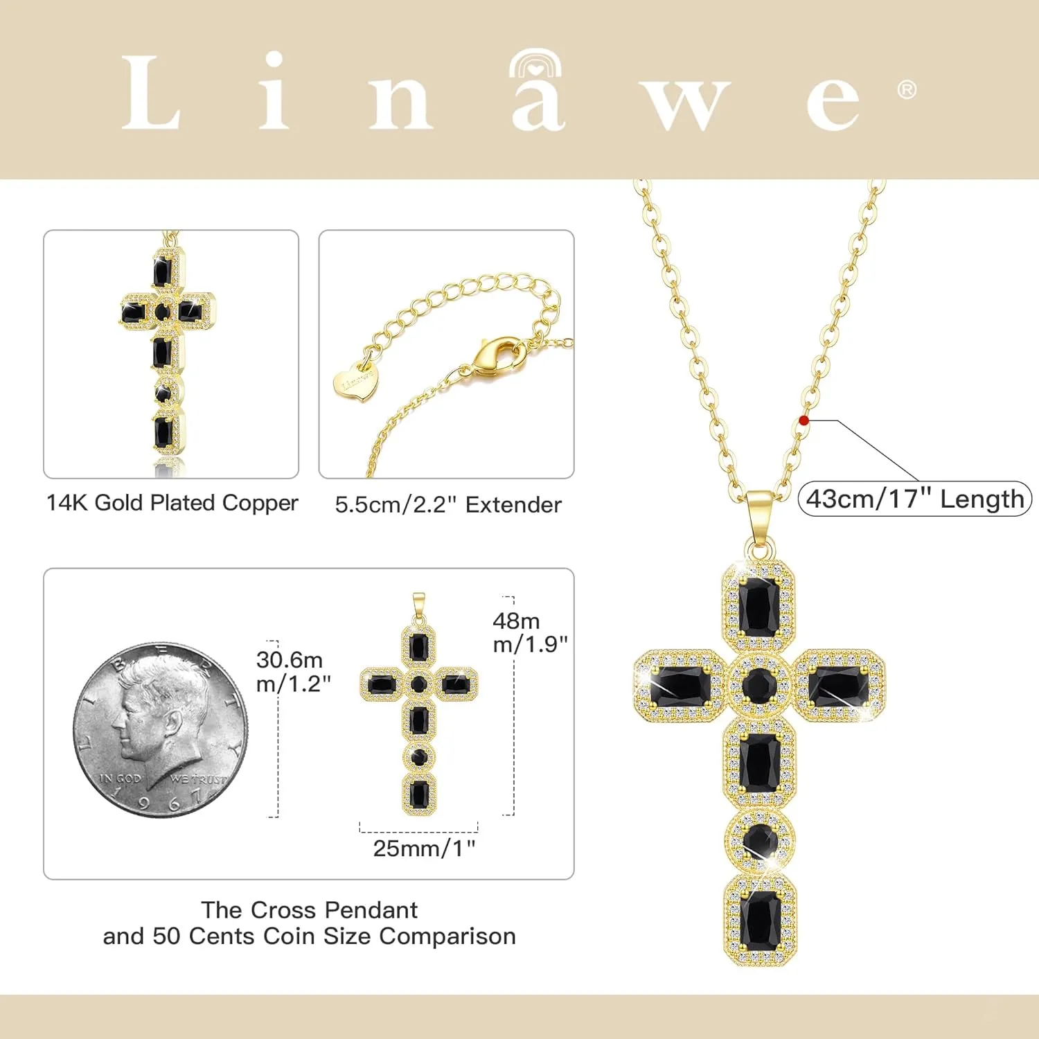 Linawe Cross Necklace for Women, Gold/Silver Jewelry Cross Charm Chain Necklaces, Moissanite Crystal Birthstone Cubic Zirconia Rhinestone Necklace, Religious Gifts
