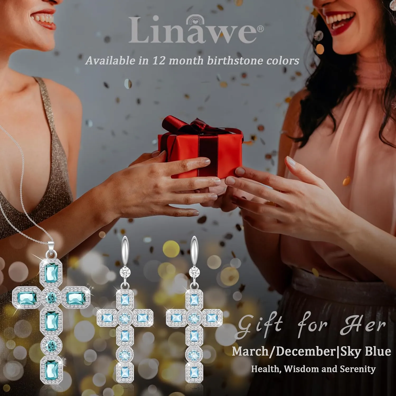 Linawe Cross Necklace for Women, Gold/Silver Jewelry Cross Charm Chain Necklaces, Moissanite Crystal Birthstone Cubic Zirconia Rhinestone Necklace, Religious Gifts