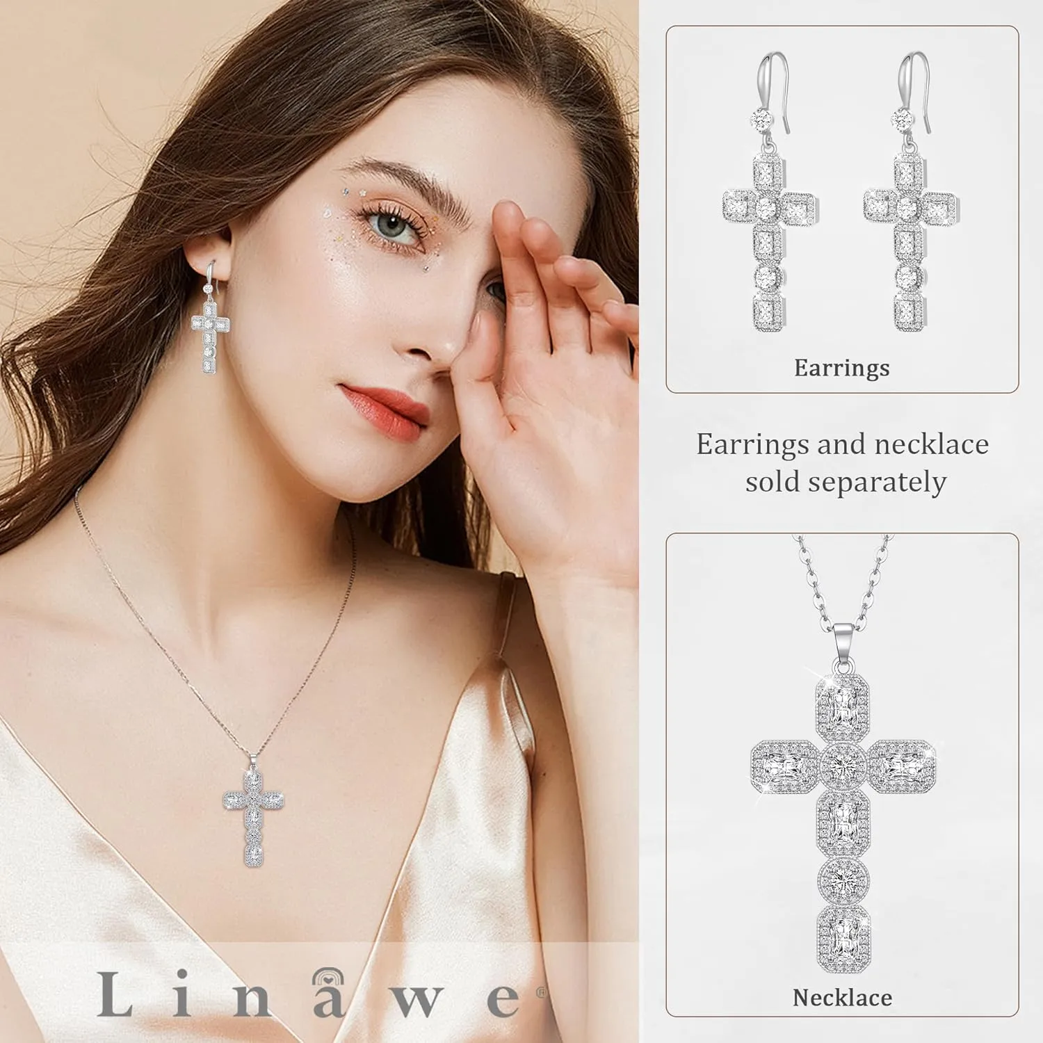 Linawe Cross Necklace for Women, Gold/Silver Jewelry Cross Charm Chain Necklaces, Moissanite Crystal Birthstone Cubic Zirconia Rhinestone Necklace, Religious Gifts