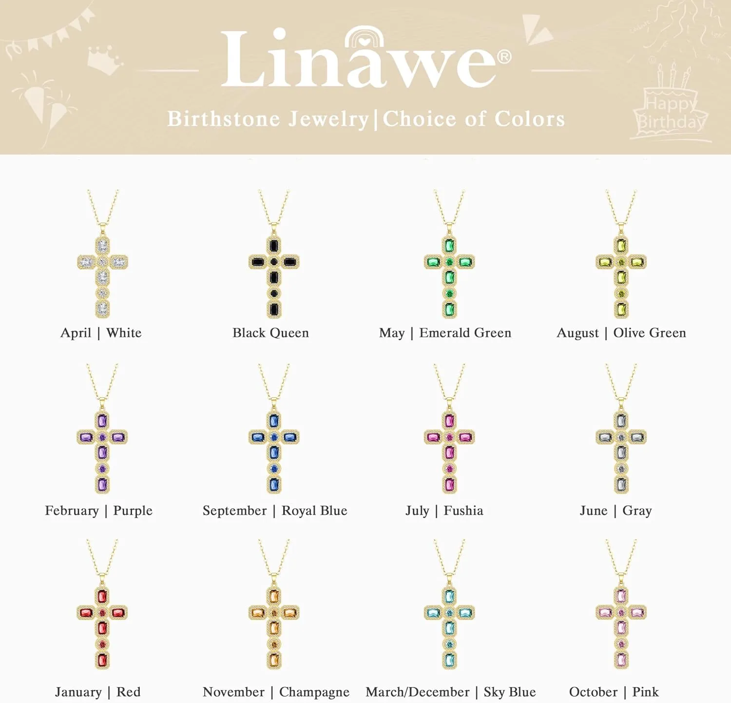 Linawe Cross Necklace for Women, Gold/Silver Jewelry Cross Charm Chain Necklaces, Moissanite Crystal Birthstone Cubic Zirconia Rhinestone Necklace, Religious Gifts