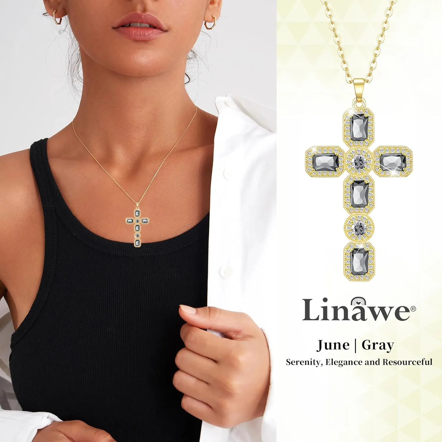 Linawe Cross Necklace for Women, Gold/Silver Jewelry Cross Charm Chain Necklaces, Moissanite Crystal Birthstone Cubic Zirconia Rhinestone Necklace, Religious Gifts
