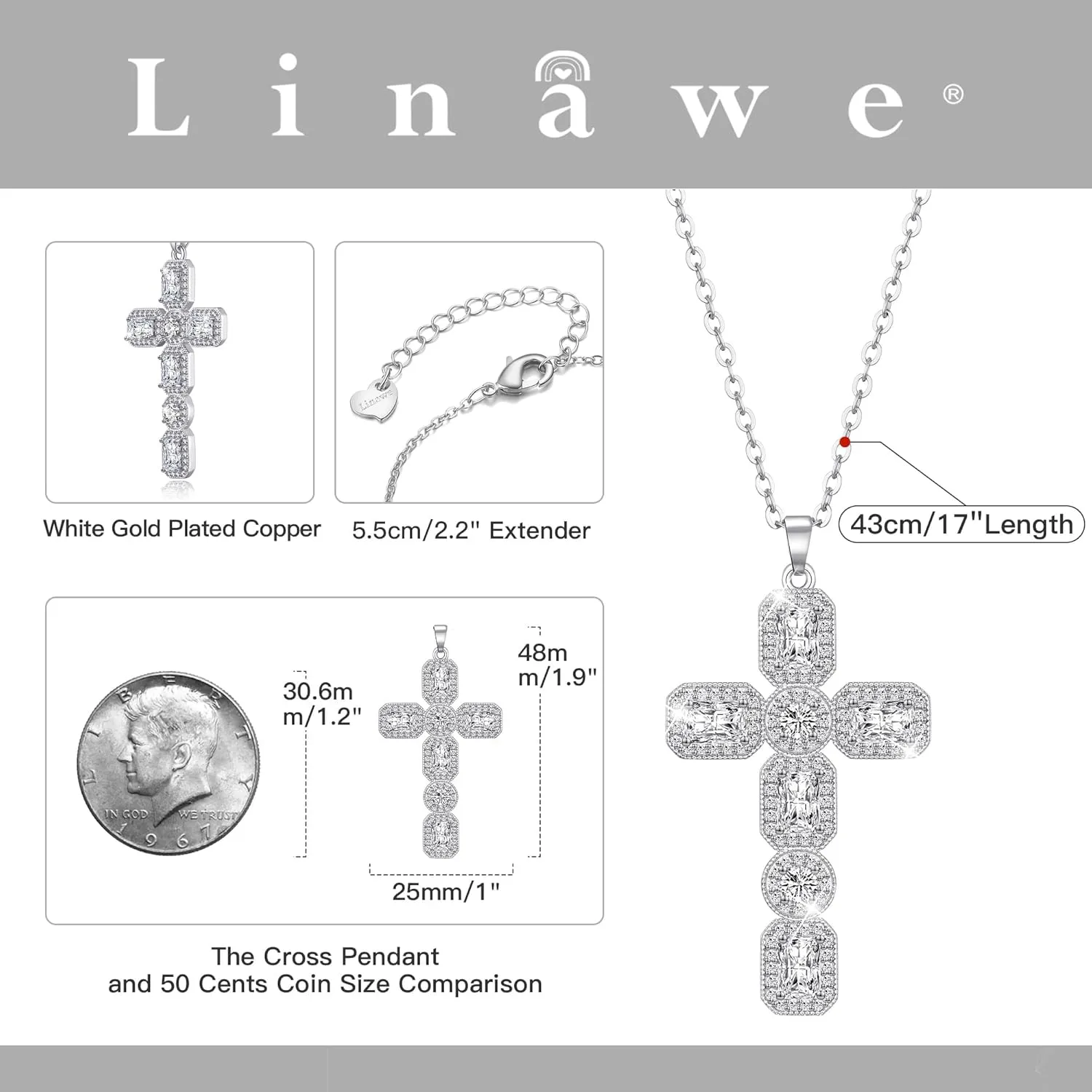 Linawe Cross Necklace for Women, Gold/Silver Jewelry Cross Charm Chain Necklaces, Moissanite Crystal Birthstone Cubic Zirconia Rhinestone Necklace, Religious Gifts