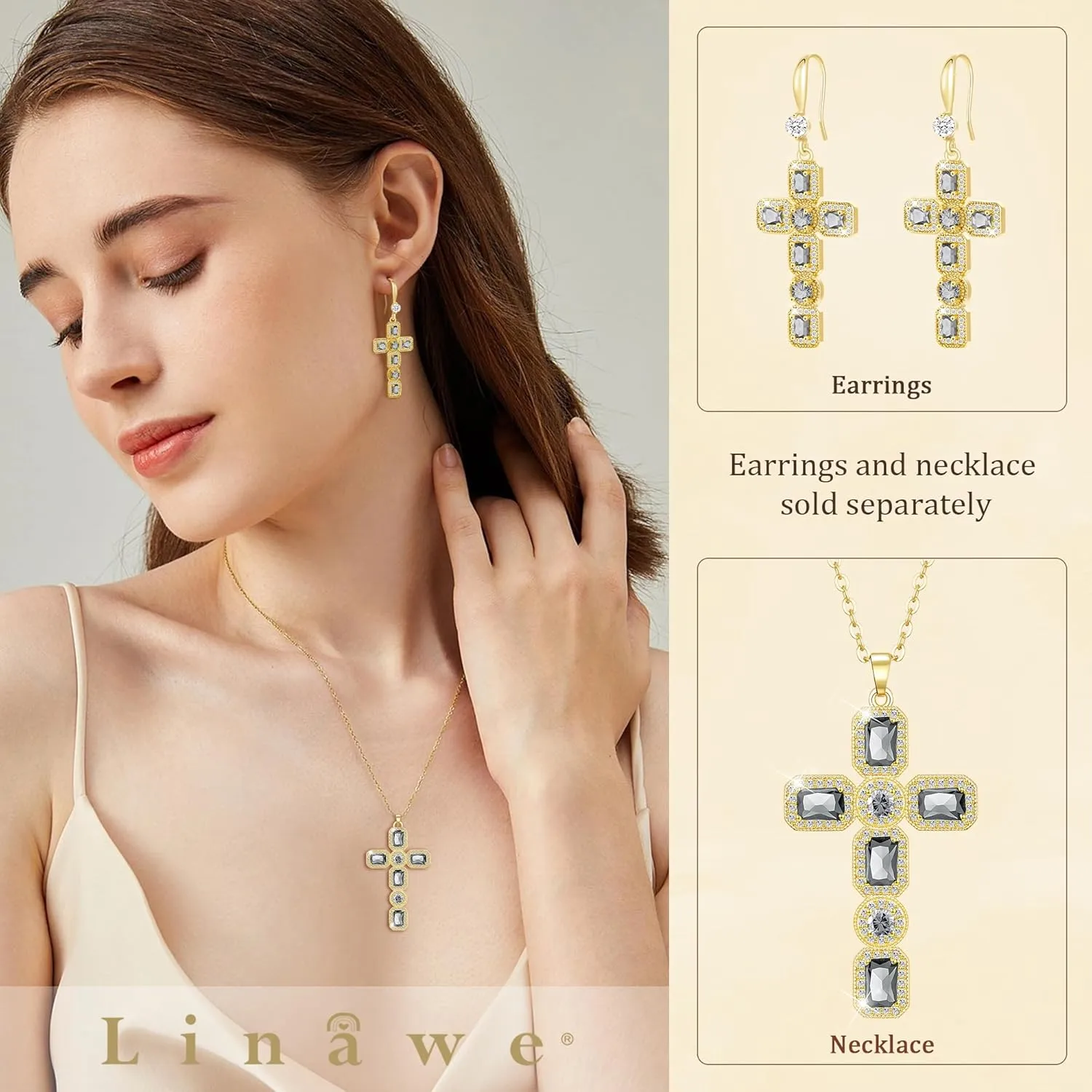 Linawe Cross Necklace for Women, Gold/Silver Jewelry Cross Charm Chain Necklaces, Moissanite Crystal Birthstone Cubic Zirconia Rhinestone Necklace, Religious Gifts