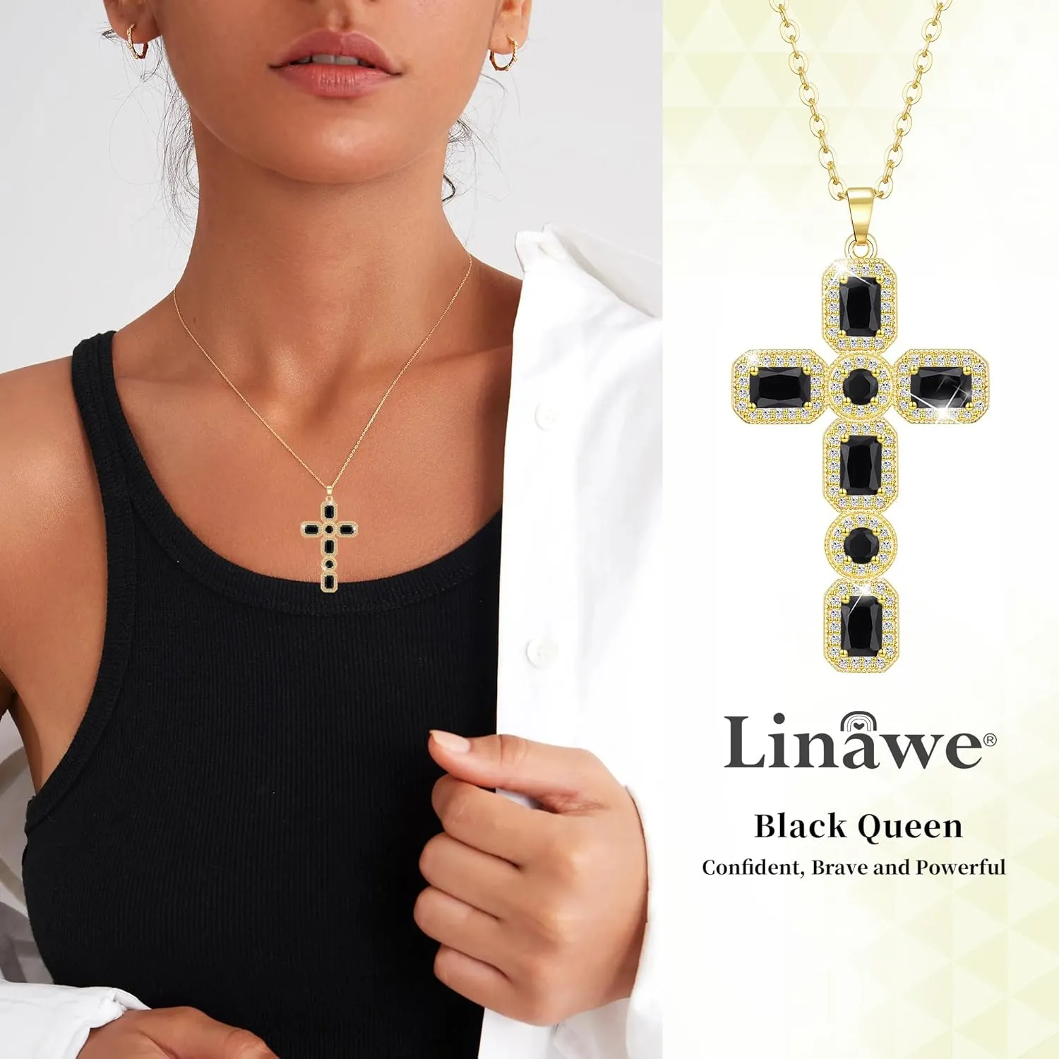Linawe Cross Necklace for Women, Gold/Silver Jewelry Cross Charm Chain Necklaces, Moissanite Crystal Birthstone Cubic Zirconia Rhinestone Necklace, Religious Gifts