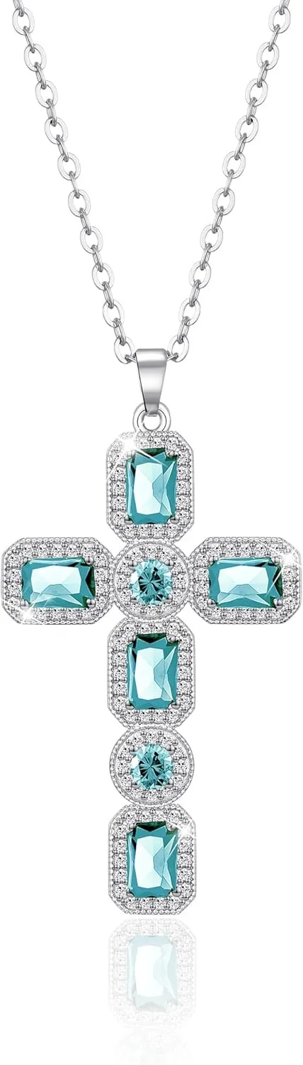 Linawe Cross Necklace for Women, Gold/Silver Jewelry Cross Charm Chain Necklaces, Moissanite Crystal Birthstone Cubic Zirconia Rhinestone Necklace, Religious Gifts