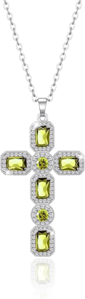 Linawe Cross Necklace for Women, Gold/Silver Jewelry Cross Charm Chain Necklaces, Moissanite Crystal Birthstone Cubic Zirconia Rhinestone Necklace, Religious Gifts