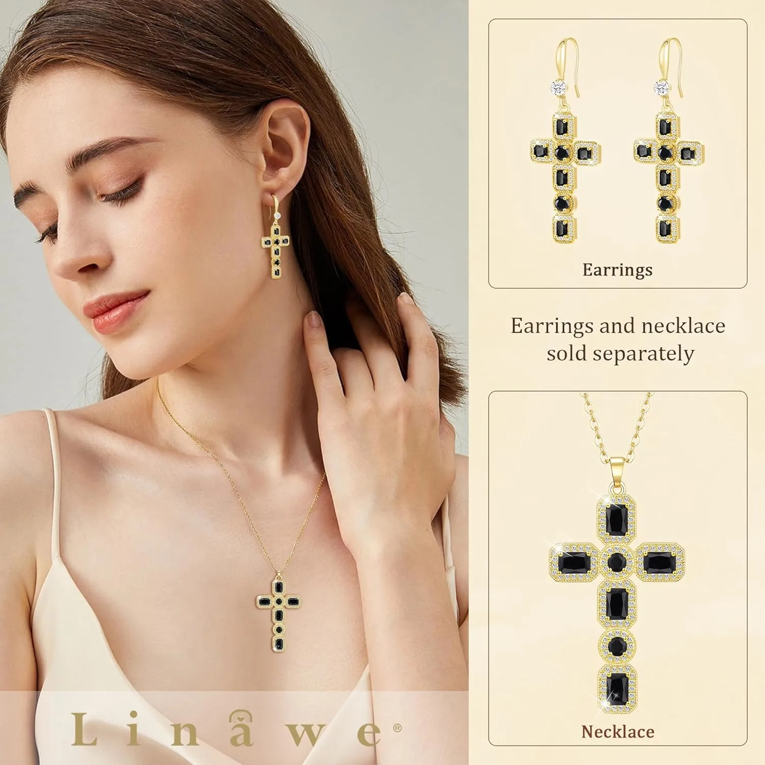 Linawe Cross Necklace for Women, Gold/Silver Jewelry Cross Charm Chain Necklaces, Moissanite Crystal Birthstone Cubic Zirconia Rhinestone Necklace, Religious Gifts