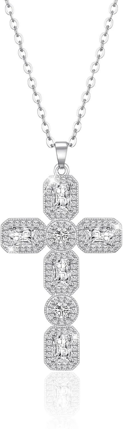 Linawe Cross Necklace for Women, Gold/Silver Jewelry Cross Charm Chain Necklaces, Moissanite Crystal Birthstone Cubic Zirconia Rhinestone Necklace, Religious Gifts