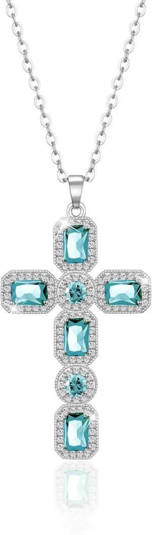 Linawe Cross Necklace for Women, Gold/Silver Jewelry Cross Charm Chain Necklaces, Moissanite Crystal Birthstone Cubic Zirconia Rhinestone Necklace, Religious Gifts